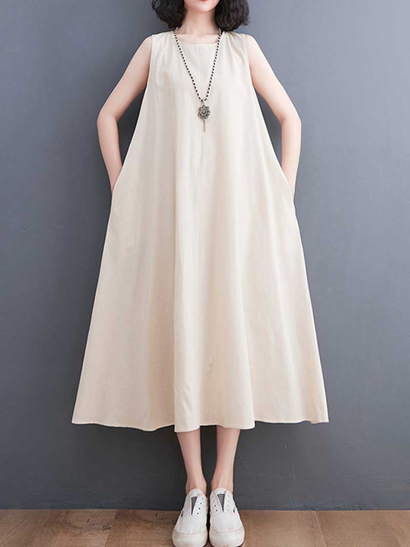 Plain Cotton Round Neck Sleeveless Midi Dress