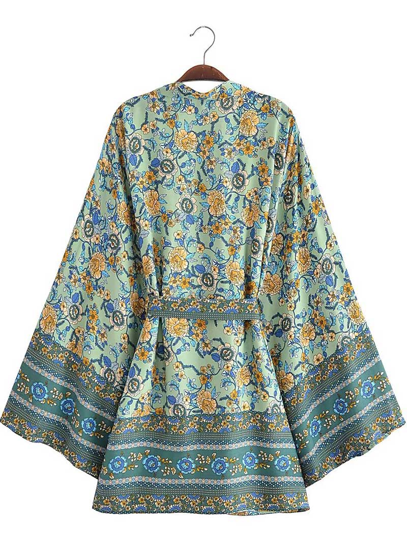 Robe courte kimono en coton à imprimé floral violet, vert et beige