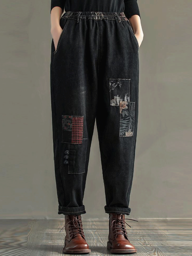 Pantalon de jogging en denim noir avec taille élastique patchwork