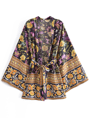 Robe courte en polyester à imprimé floral noir, longueur courte, kimono, robe longue