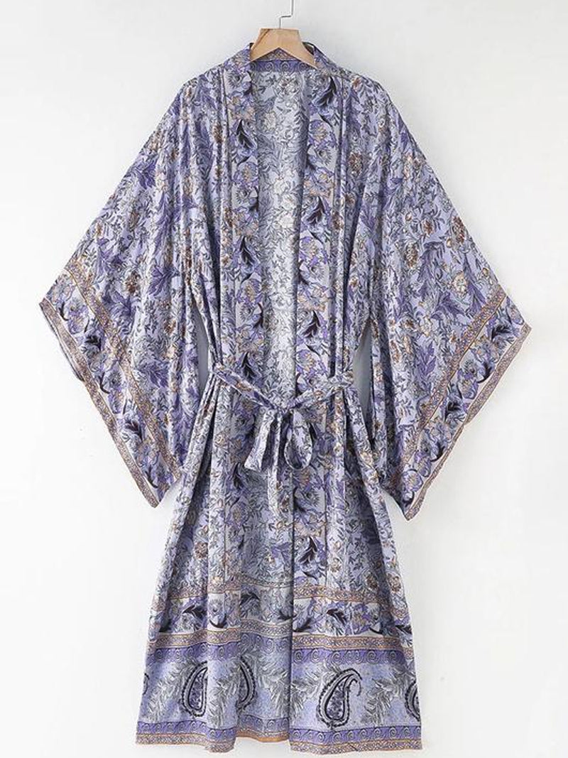 Strandmode Blumendruck Lila Farbe Baumwolle Lange Länge Kleid Kimono Duster Robe