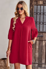 Notched Neck Flare Sleeve Pocket Dress