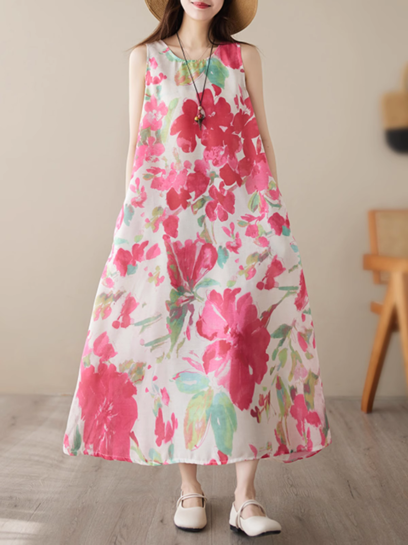 Artistry on Fabric – Ärmelloses A-Linien-Kleid mit Seitentaschen und Blumenmuster