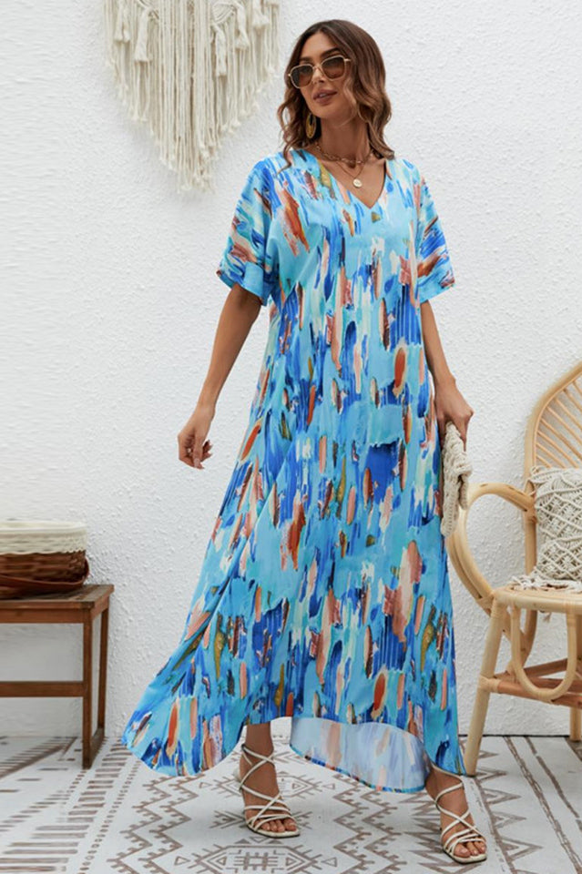 Print Short Sleeve Wide Hem Maxi Dress