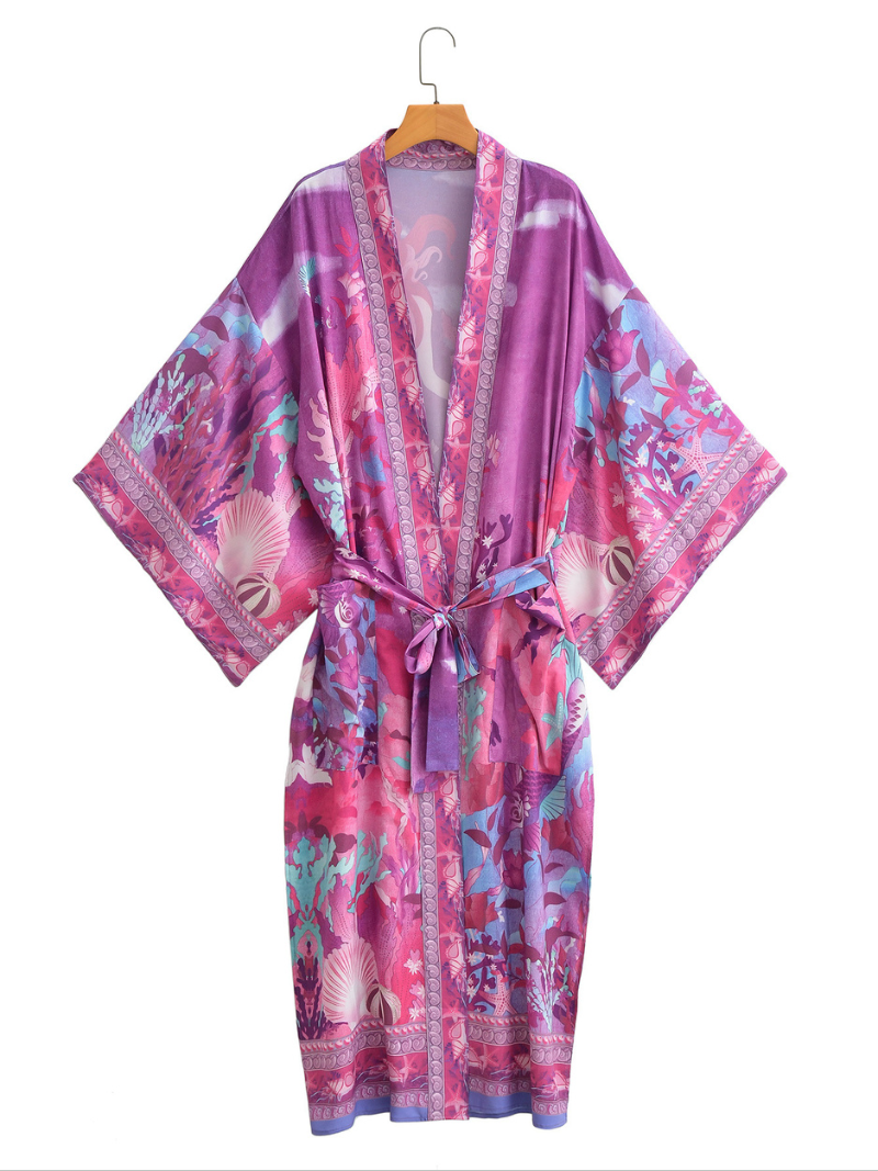 Cardigan kimono élégant à imprimé sirène multicolore pour l'automne