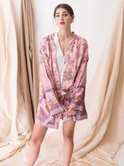 Short Kimono Floral Print Pink Cotton Viscose Short Length Gown Kimono Duster Robe