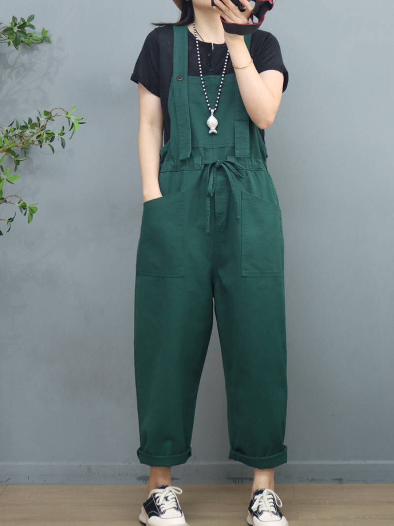 Waist Tie Belt Loose Wide-Leg Boho Pockets Overalls