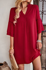 Notched Neck Flare Sleeve Pocket Dress