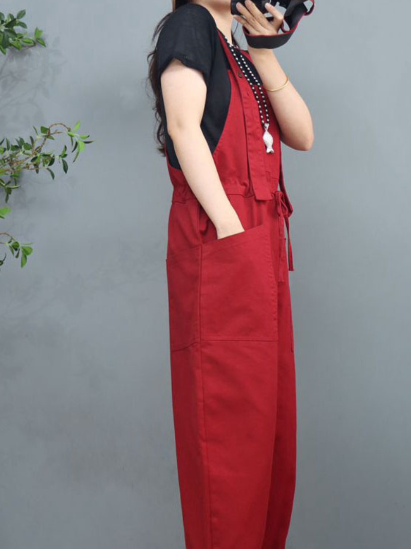 Waist Tie Belt Loose Wide-Leg Boho Pockets Overalls