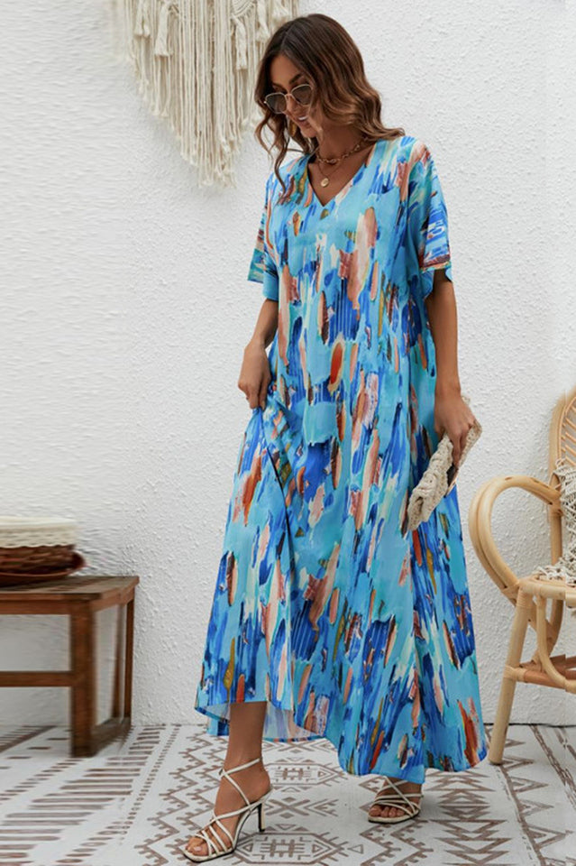 Print Short Sleeve Wide Hem Maxi Dress