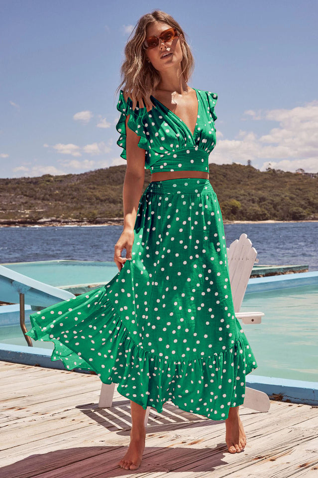 Polka Dot Ruffle Tank Top + Midi Skirt Set