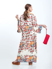 Beachwear Kimono Floral Bohemian Print Beige Color Cotton Long Length Gown Kimono Duster Robe