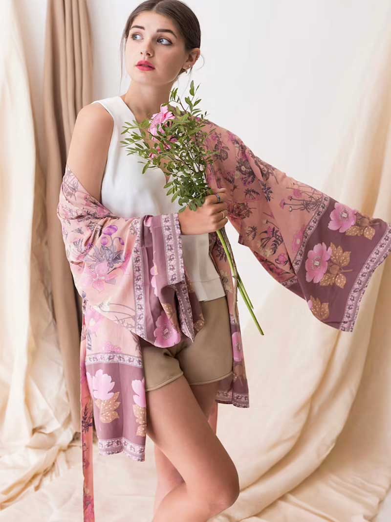 Short Kimono Floral Print Pink Cotton Viscose Short Length Gown Kimono Duster Robe