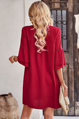 Notched Neck Flare Sleeve Pocket Dress