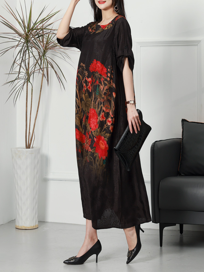 Summer Rayon Round Neck Flowers Print Loose Midi-Dress