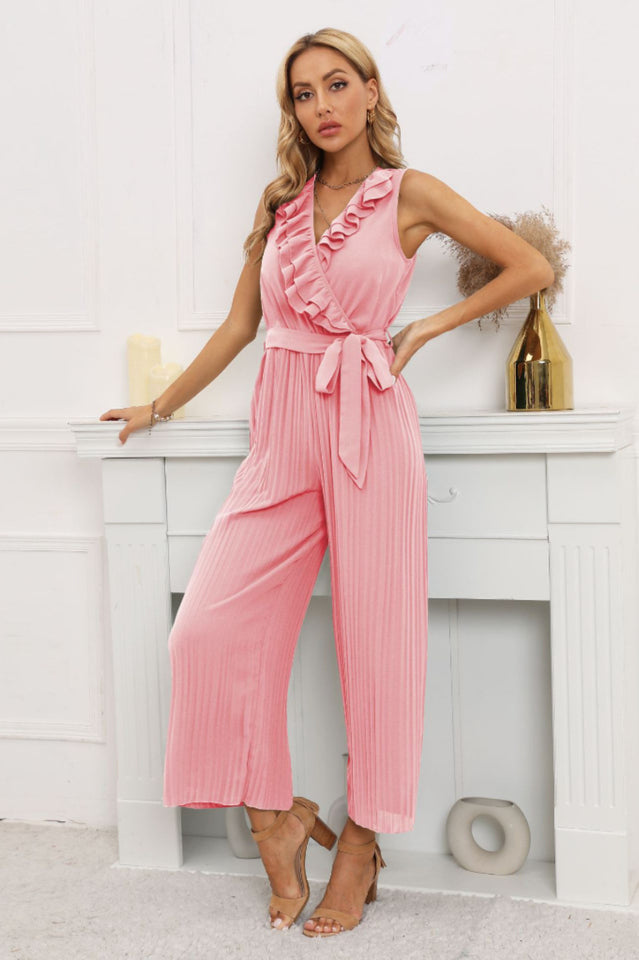 Wadenlanger, plissierter Jumpsuit mit Rüschen