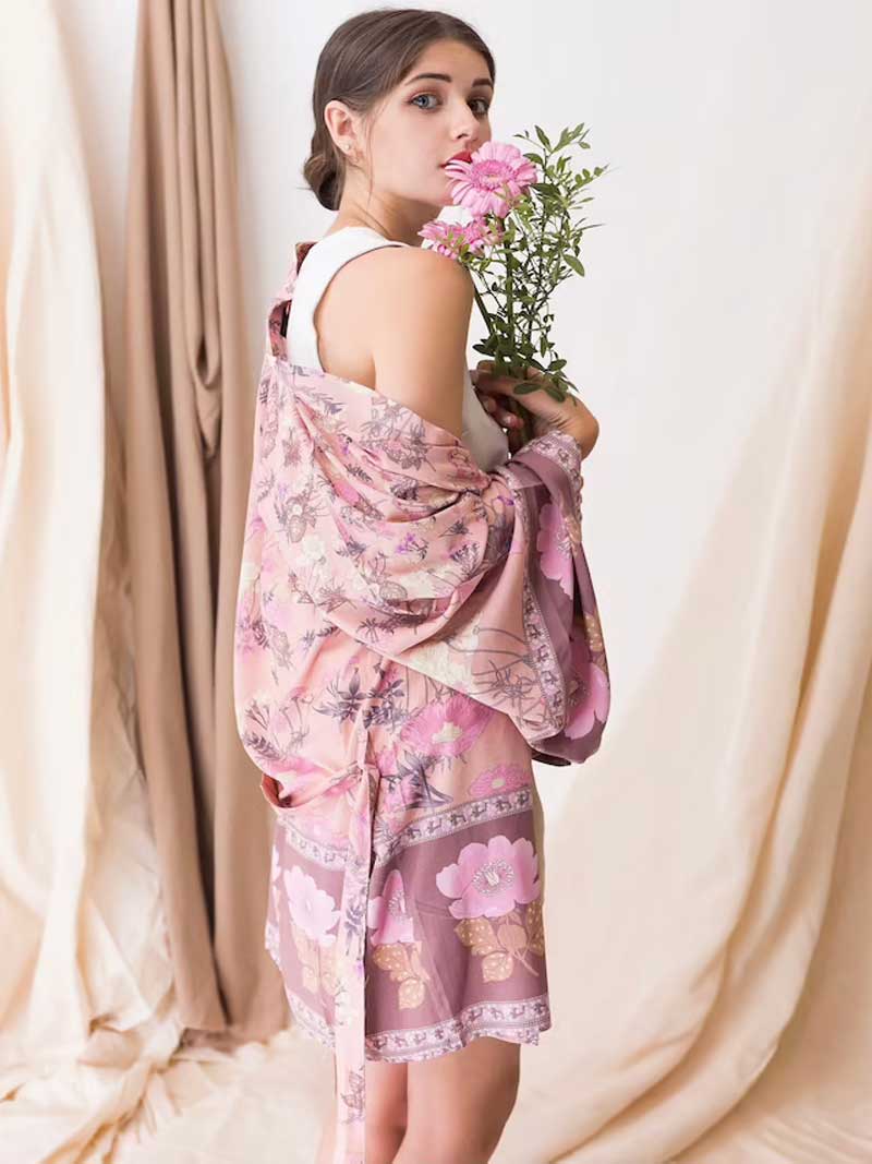 Short Kimono Floral Print Pink Cotton Viscose Short Length Gown Kimono Duster Robe