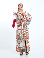 Beachwear Kimono Floral Bohemian Print Beige Color Cotton Long Length Gown Kimono Duster Robe