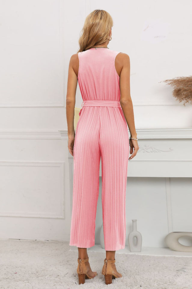 Calf Length Pleated Ruffled Jumpsuit