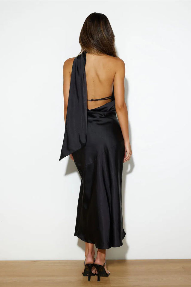 Slinky Open Back Halter Satin Dress