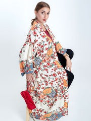 Strandmode Kimono Floral Bohemian Print Beige Farbe Baumwolle Lange Länge Kleid Kimono Duster Robe