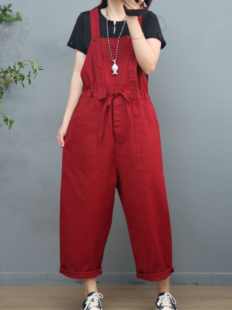 Waist Tie Belt Loose Wide-Leg Boho Pockets Overalls