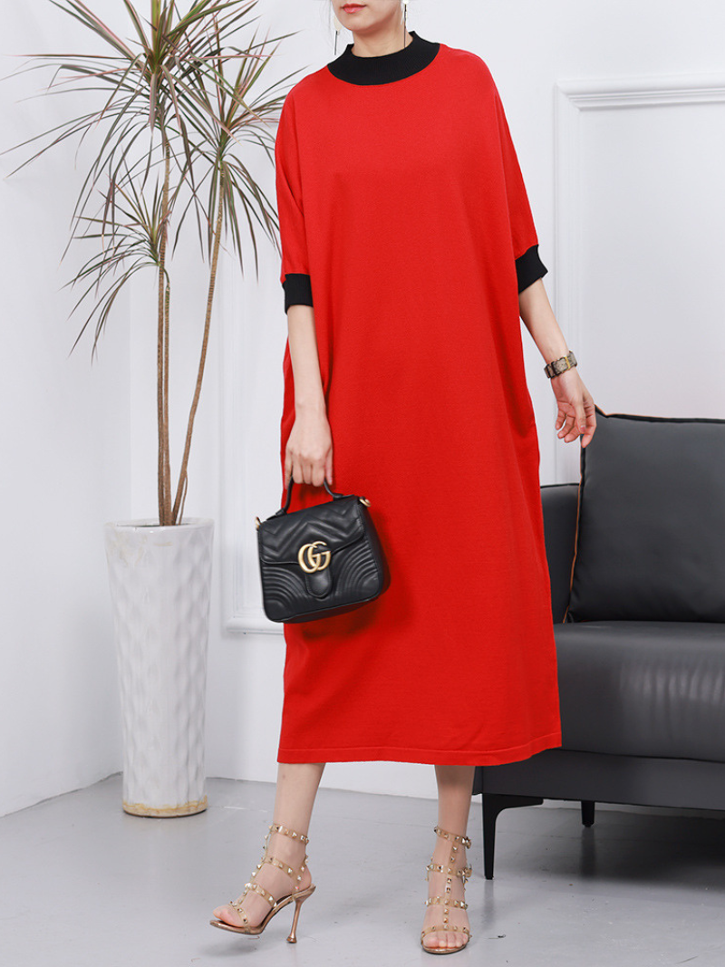 Women Spring Vintage Solid Color Knitted Short-Sleeved Midi Dress