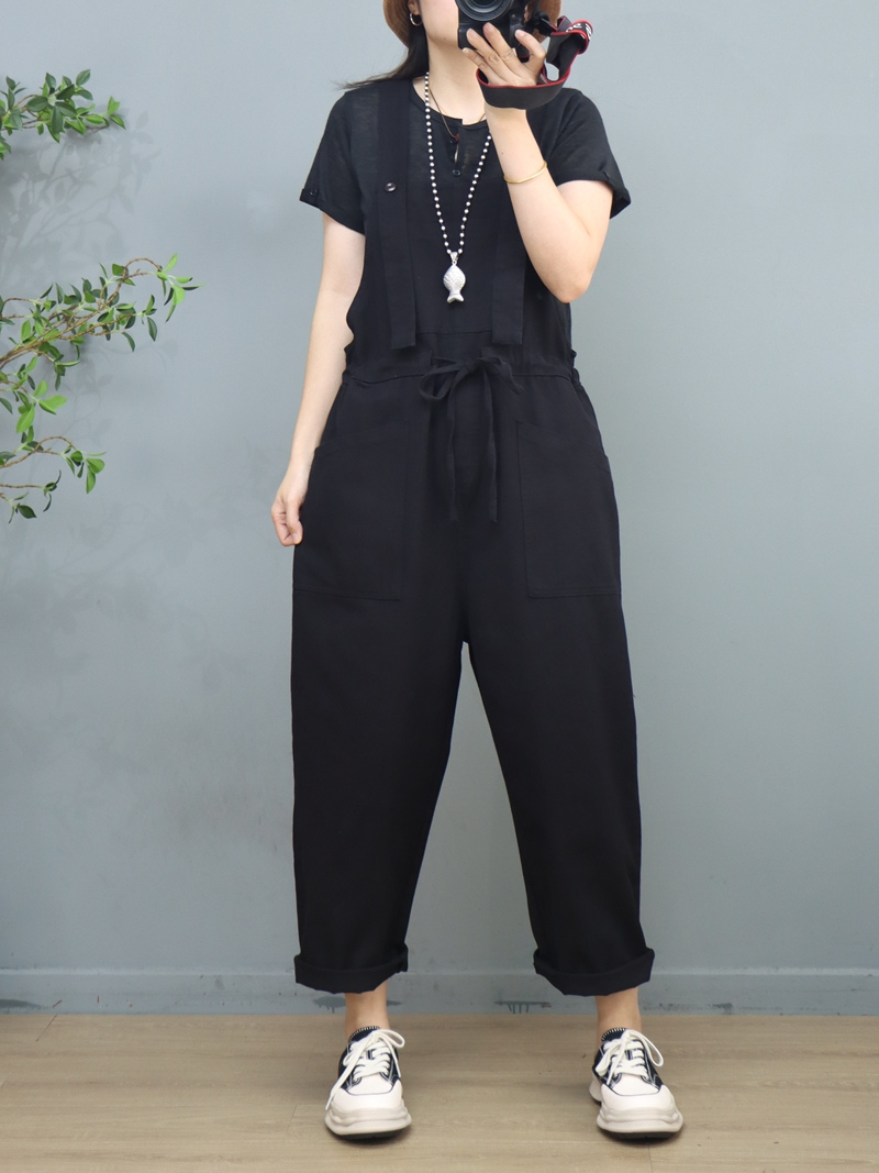 Waist Tie Belt Loose Wide-Leg Boho Pockets Overalls