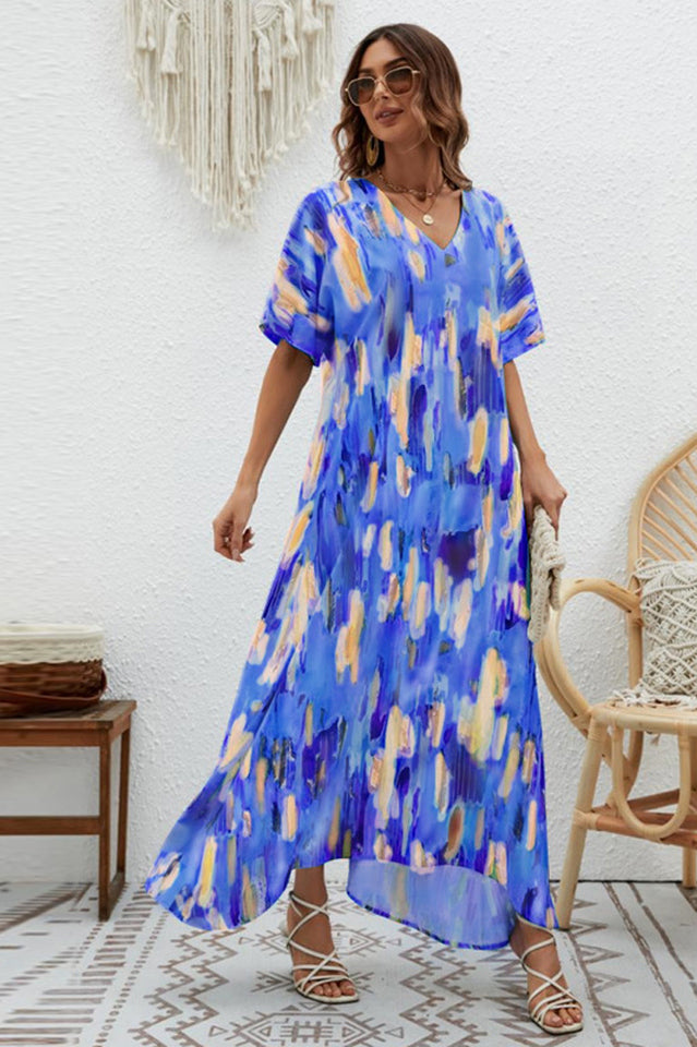 Print Short Sleeve Wide Hem Maxi Dress