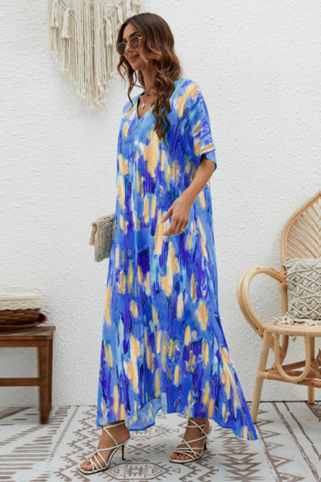 Print Short Sleeve Wide Hem Maxi Dress