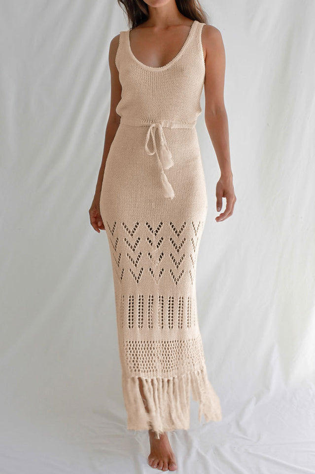 Tassel Hem Crochet Knit Cover Up Dress