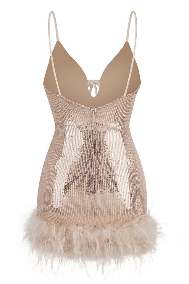 Mini Sequin Dress With Feather Trim