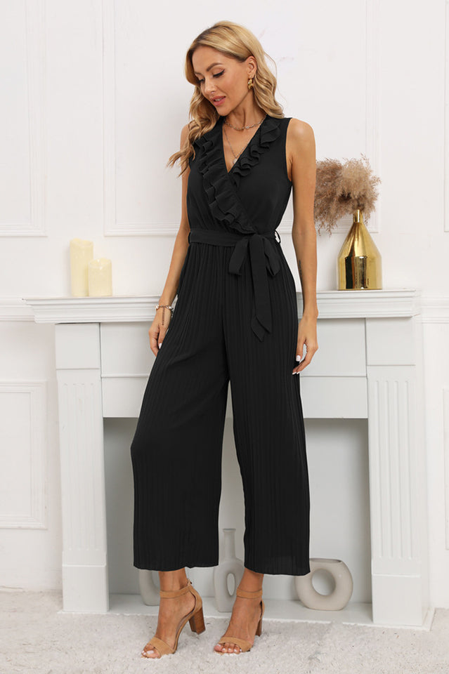 Wadenlanger, plissierter Jumpsuit mit Rüschen