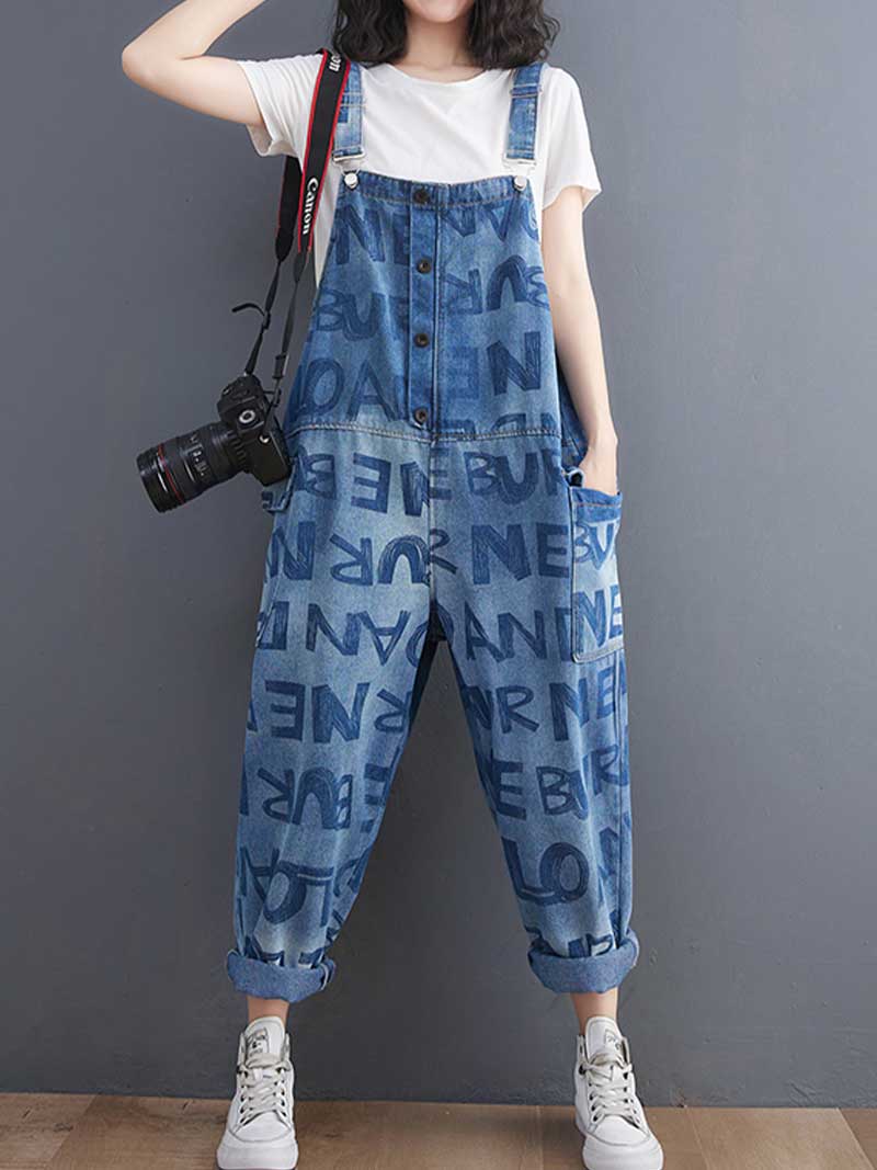 Alphabets Letter Print Denim High Waist Overalls Dungaree