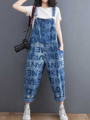 Alphabets Letter Print Denim High Waist Overalls Dungaree