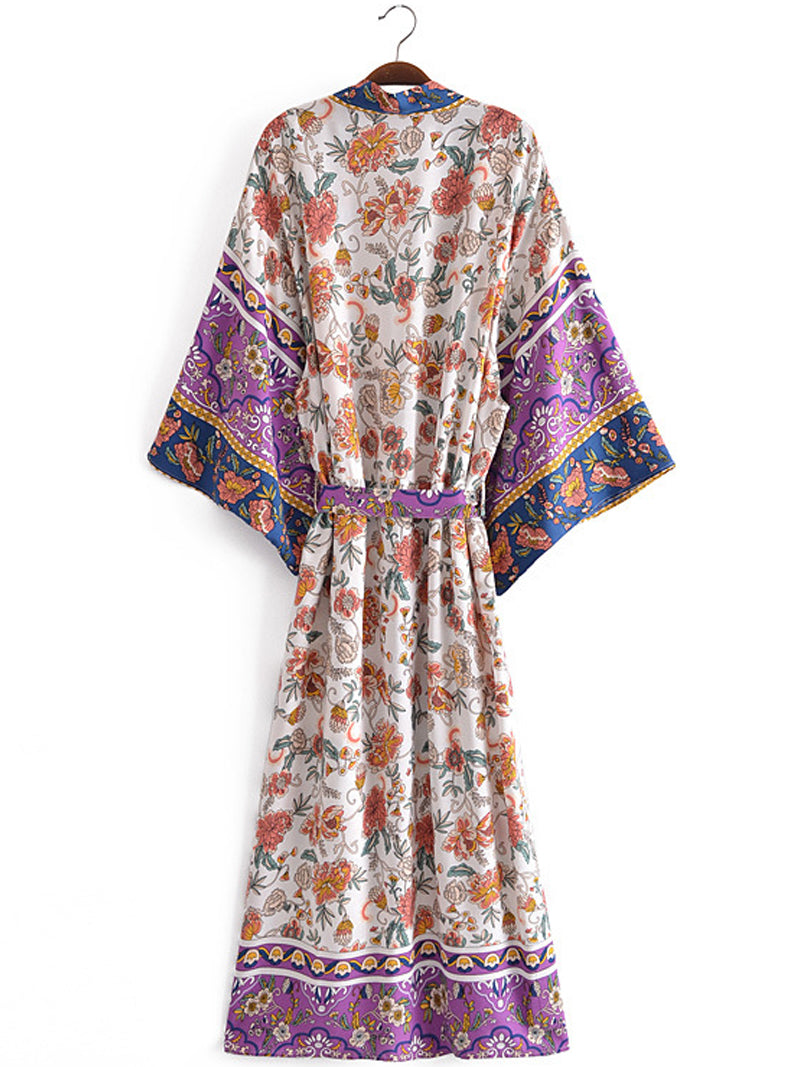 Beachwear Floral Print Purple Color Cotton Long Length Gown Kimono Duster Robe