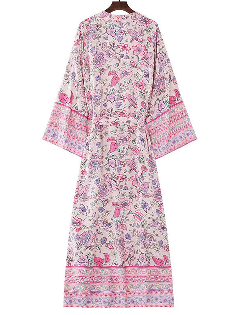 Strandmode Baumwolle Blumendruck Rosa Farbe Lange Länge Kleid Kimono Duster Robe