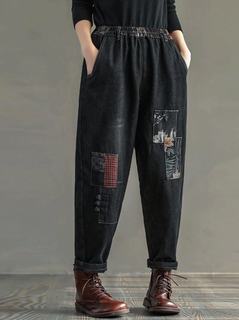 Pantalon de jogging en denim noir avec taille élastique patchwork