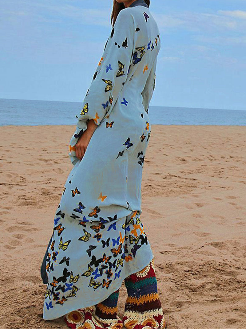 Bride to Be Butterfly Print Blue Color Cotton Long Length Gown Kimono Duster Robe