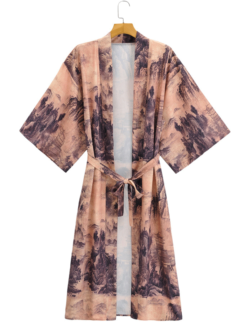 Robe longue kimono en polyester couleur café à imprimé tie-dye