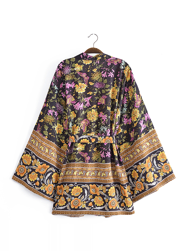Robe courte en polyester à imprimé floral noir, longueur courte, kimono, robe longue
