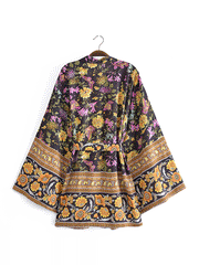 Robe courte en polyester à imprimé floral noir, longueur courte, kimono, robe longue