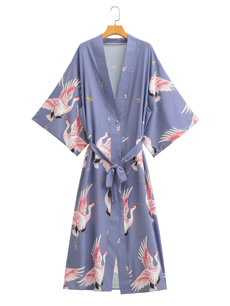 Kimono long fleuri à motif d'oiseaux, cache-plage, kimono de plage long