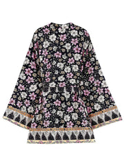 Bridal Wear Floral Print Orange & Black Cotton Short Length Gown Kimono Duster Robe