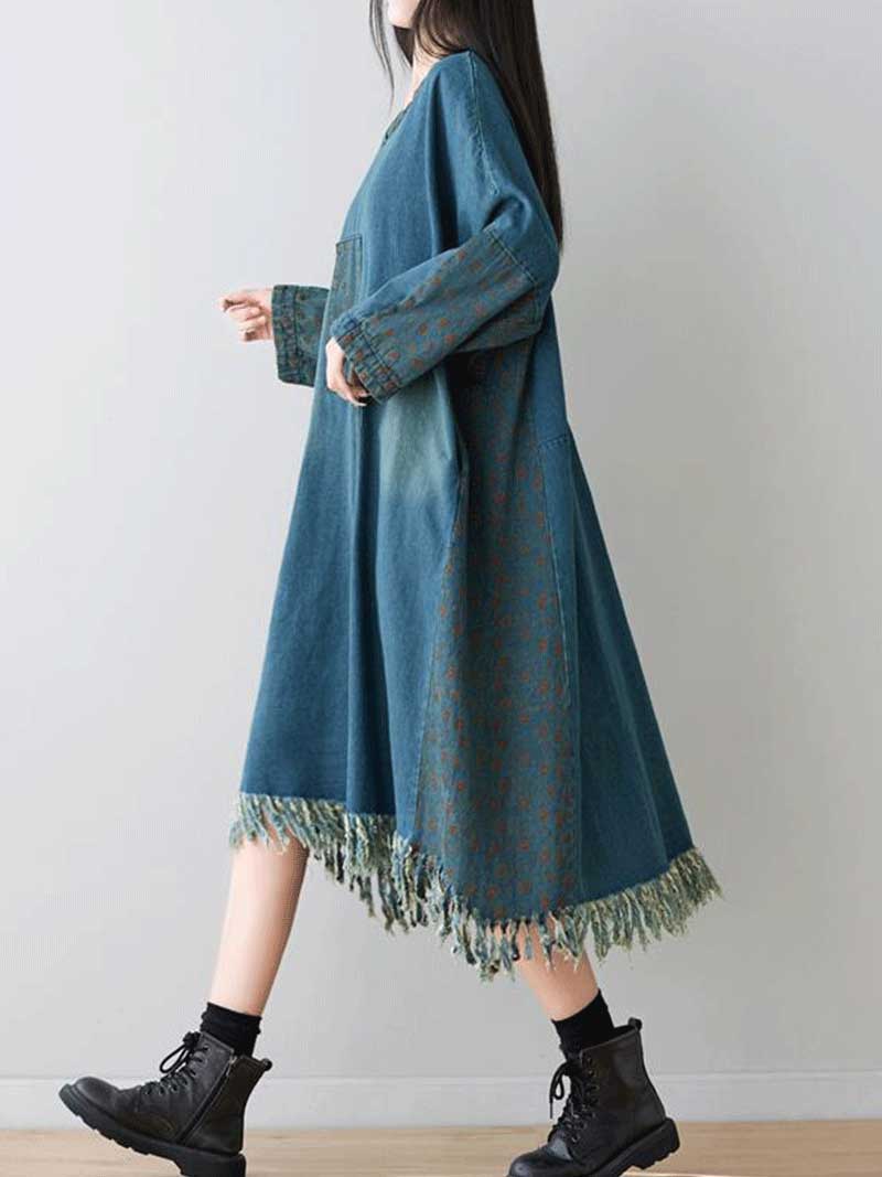 Robe mi-longue en denim à doubles poches latérales style patchwork