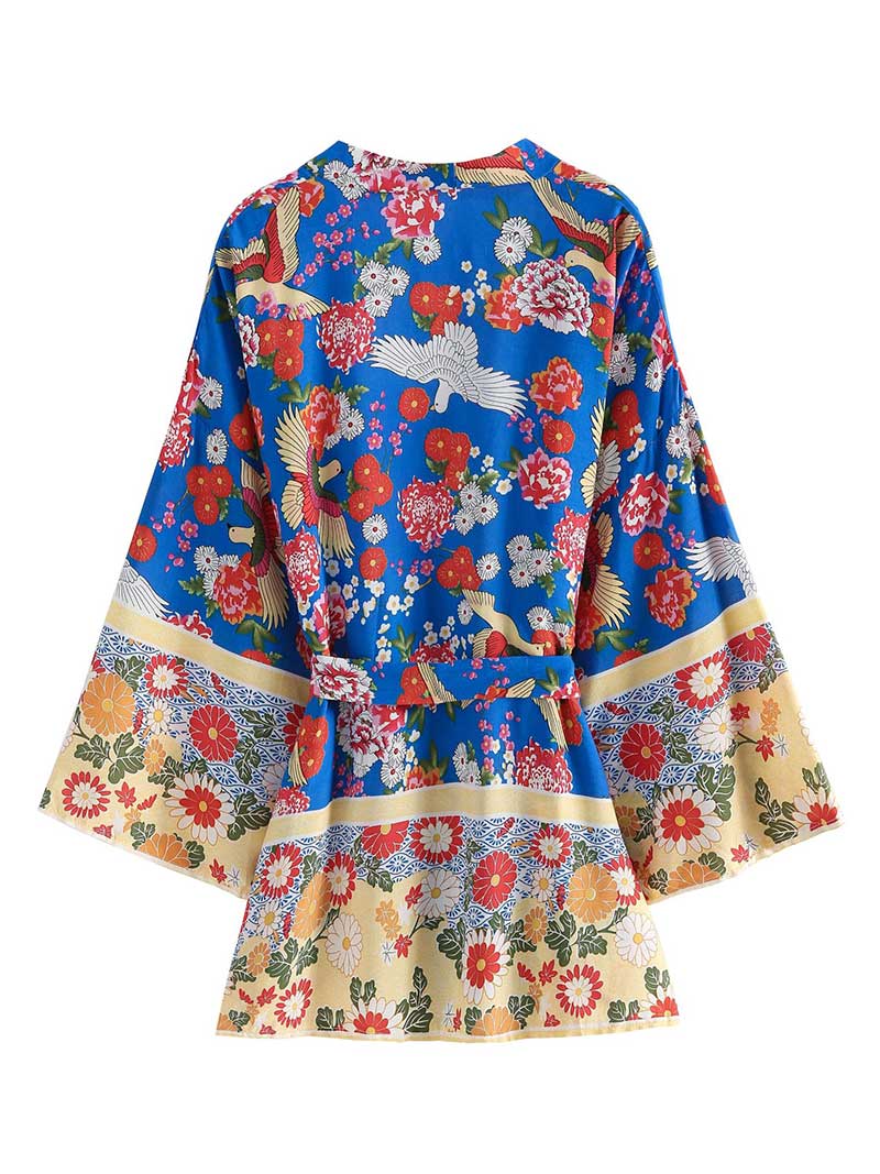 Robe de nuit courte en kimono à imprimé floral et oiseaux