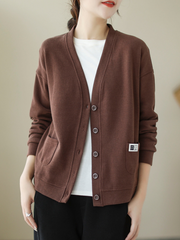 V-Neck Long-Sleeved Sweater Top Loose Solid Color Cardigan Button Sweater Jacket