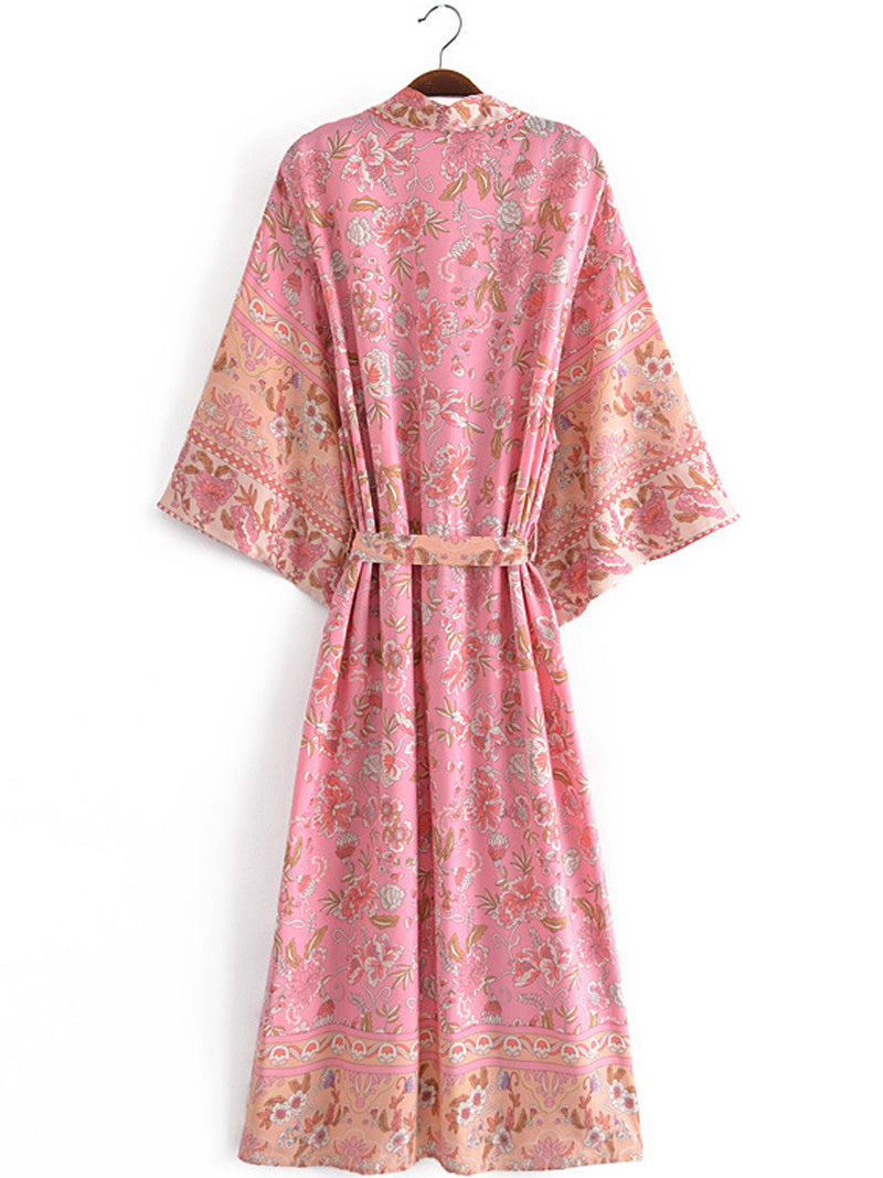 Strandmode Baumwolle Blumendruck Rosa Farbe Lange Länge Kleid Kimono