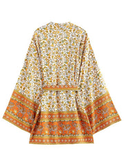 Birthday Party Wear Floral Print Yellow Cotton Short Length Gown Robe Kimono Duster Robe