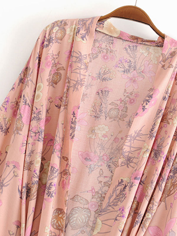 Short Kimono Floral Print Pink Cotton Viscose Short Length Gown Kimono Duster Robe